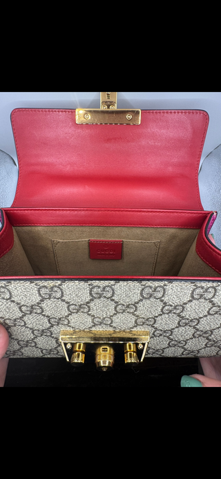 Gucci Padlock Small Shoulder Bag – GG Coated Canvas with Red & Magenta Leather