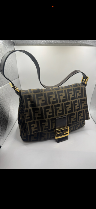 Fendi Zucca Mamma Baguette Shoulder Bag – Brown Canvas with Gold Hardware