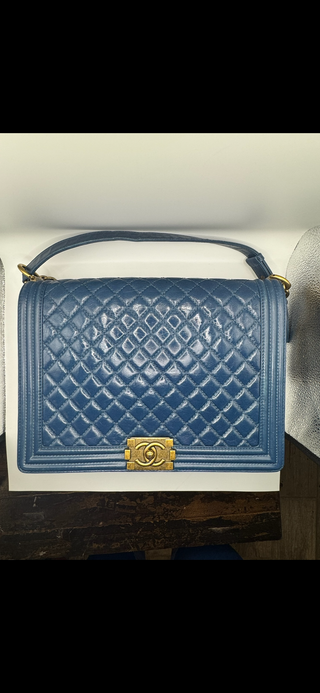 Authentic Chanel Boy Bag Blue Quilted Leather with Gold Chain