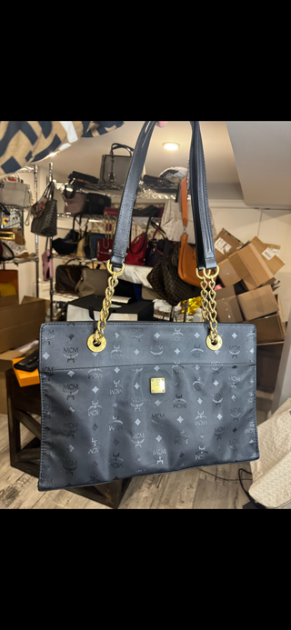 Authentic MCM Black Monogram Nylon Tote with Gold Chain Handles