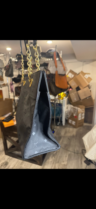 Authentic MCM Black Monogram Nylon Tote with Gold Chain Handles
