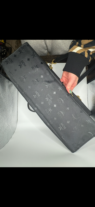 Authentic MCM Black Monogram Nylon Tote with Gold Chain Handles