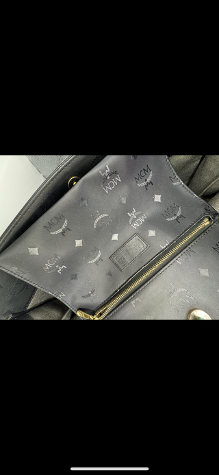 Authentic MCM Black Monogram Nylon Tote with Gold Chain Handles