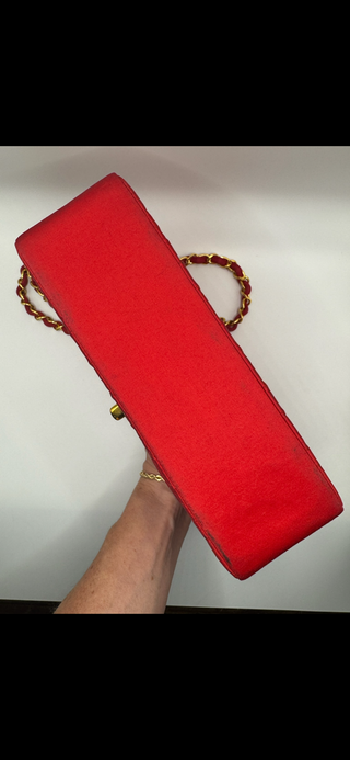 CHANEL Authentic Satin Quilted CC Mini Rectangular Flap Dark Pink/Red