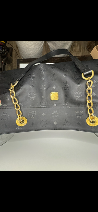 Authentic MCM Black Monogram Nylon Tote with Gold Chain Handles