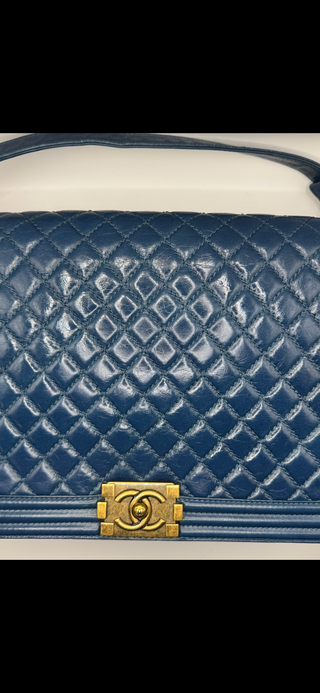 Authentic Chanel Boy Bag Blue Quilted Leather with Gold Chain