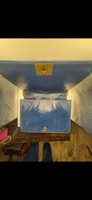 Authentic Chanel Boy Bag Blue Quilted Leather with Gold Chain