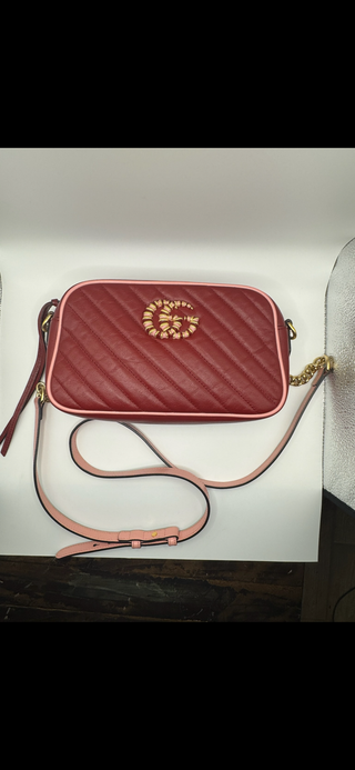 GUCCI GG Red Marmont Shoulder Bag Diagonal Quilted Leather