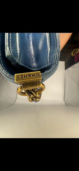 Authentic Chanel Boy Bag Blue Quilted Leather with Gold Chain