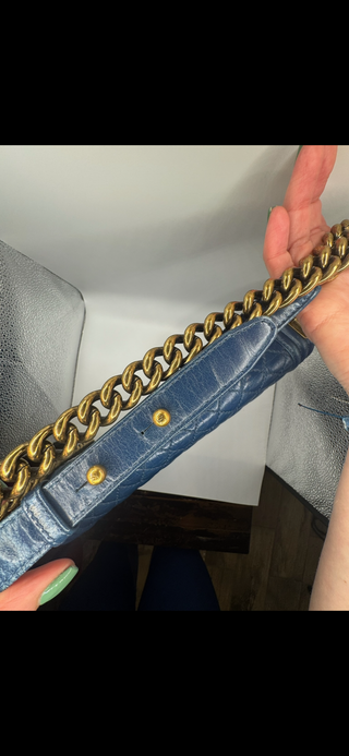 Authentic Chanel Boy Bag Blue Quilted Leather with Gold Chain