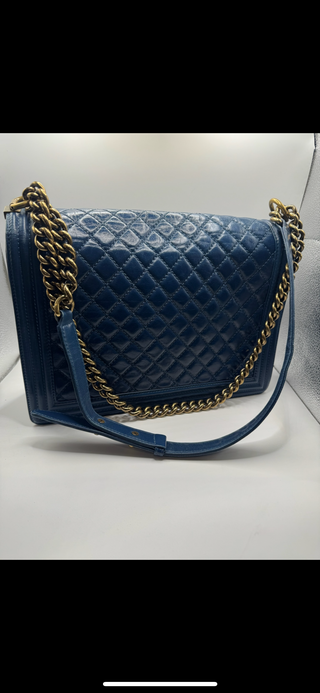 Authentic Chanel Boy Bag Blue Quilted Leather with Gold Chain
