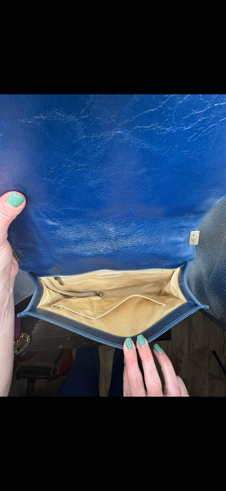 Authentic Chanel Boy Bag Blue Quilted Leather with Gold Chain