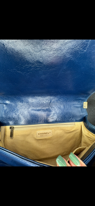 Authentic Chanel Boy Bag Blue Quilted Leather with Gold Chain