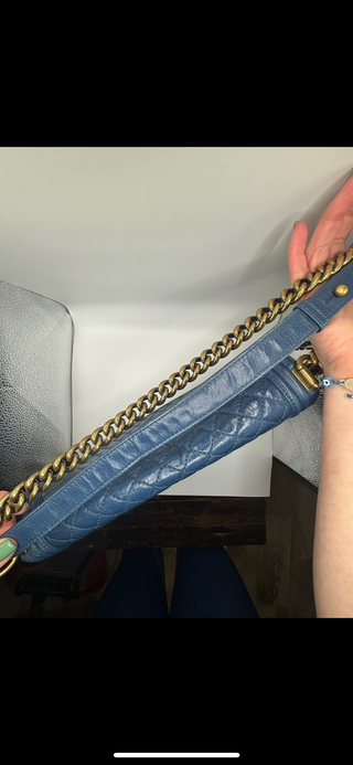 Authentic Chanel Boy Bag Blue Quilted Leather with Gold Chain