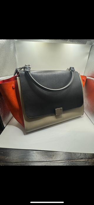 Authentic Celine Trapeze 2-Way Handbag Orange Leather Top Handle Shoulder Bag