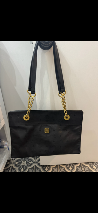 Authentic MCM Black Monogram Nylon Tote with Gold Chain Handles