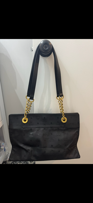 Authentic MCM Black Monogram Nylon Tote with Gold Chain Handles