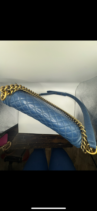 Authentic Chanel Boy Bag Blue Quilted Leather with Gold Chain