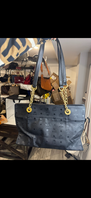 Authentic MCM Black Monogram Nylon Tote with Gold Chain Handles