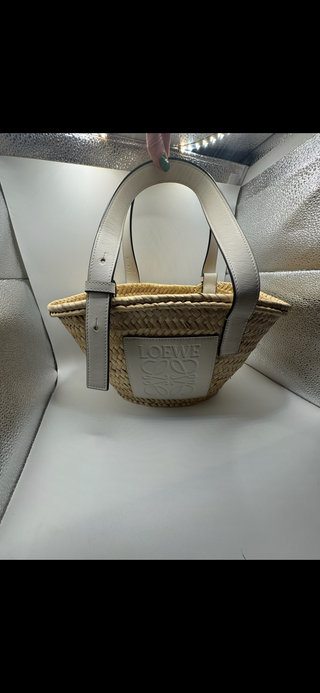 Loewe Raffia Mini Basket Tote – Natural with White Leather