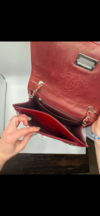 Authentic Chanel Vintage Red Quilted Jersey & Patent Leather Shoulder Bag - REISSUE