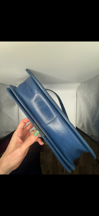 Authentic Chanel Boy Bag Blue Quilted Leather with Gold Chain