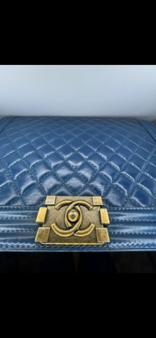 Authentic Chanel Boy Bag Blue Quilted Leather with Gold Chain