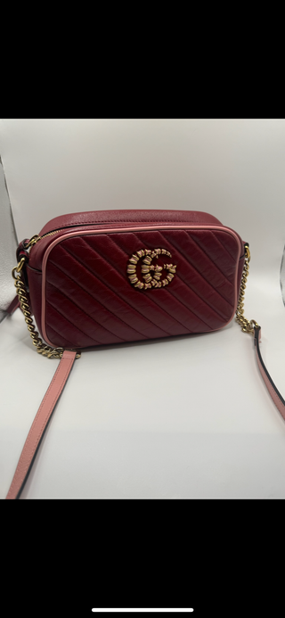 GUCCI GG Red Marmont Shoulder Bag Diagonal Quilted Leather