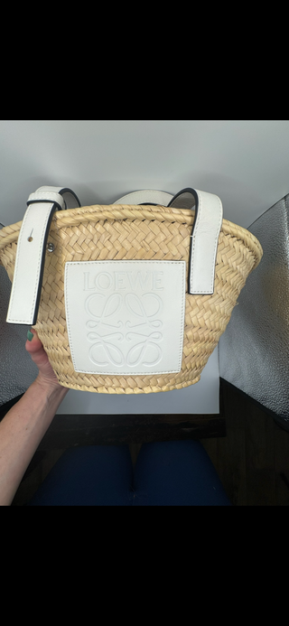 Loewe Raffia Mini Basket Tote – Natural with White Leather