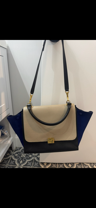Céline Trapeze Tricolor Leather & Suede Shoulder Bag – Beige, Black, Blue