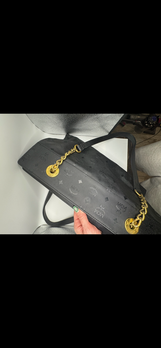 Authentic MCM Black Monogram Nylon Tote with Gold Chain Handles