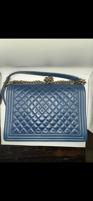 Authentic Chanel Boy Bag Blue Quilted Leather with Gold Chain
