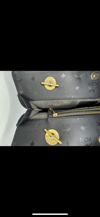 Authentic MCM Black Monogram Nylon Tote with Gold Chain Handles