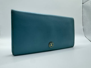 CHANEL Light blue long fold over wallet